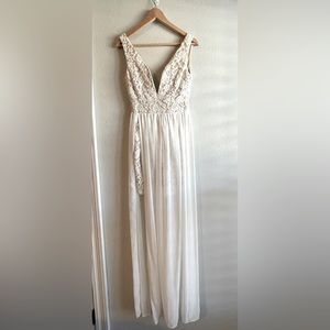 ANGL maxi dress in size medium. Lace form fitting mini dress with sheer overlay